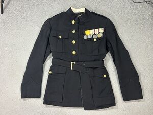 Vintage US Military Dress Uniform Jacket Mens 42 Black USMC Belted Medals USA